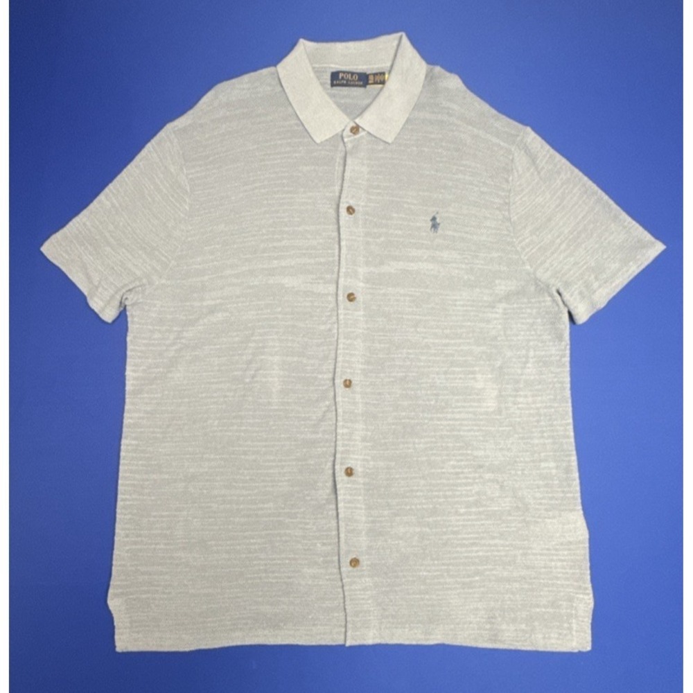 Polo Ralph Lauren Textured Cotton Linen Polo-Collar Sweater‎ Shirt Blue
